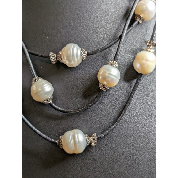 925 Sterling Three Strand Floating Genuine Freshwater Pearl Corded Necklace - Picture 3 of 10